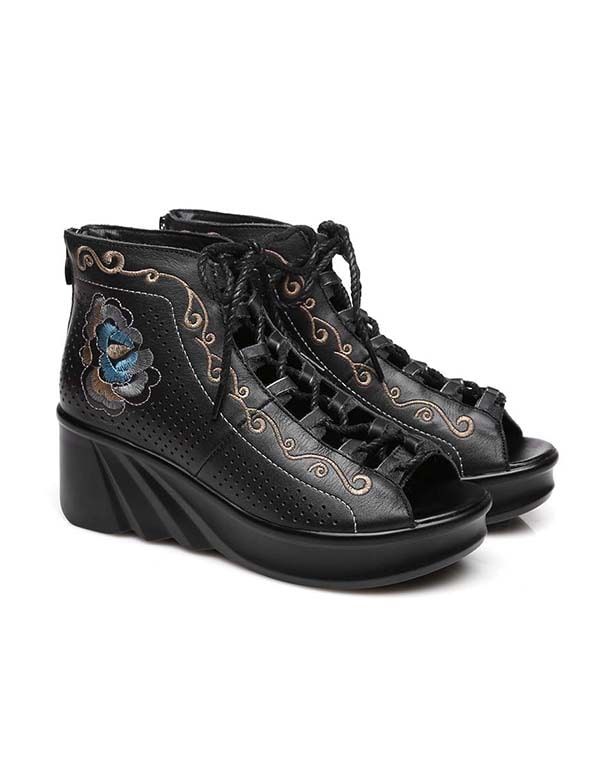 Handgefertigte Bestickte Retro-sandalen Mit Keilabsatz