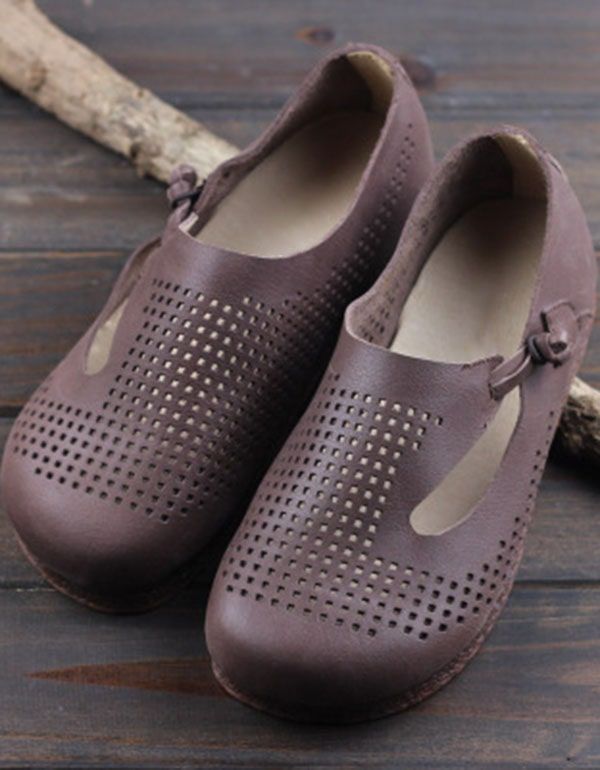 Handgefertigte Retro-flats Aus Leder Mit Rundem Kopf