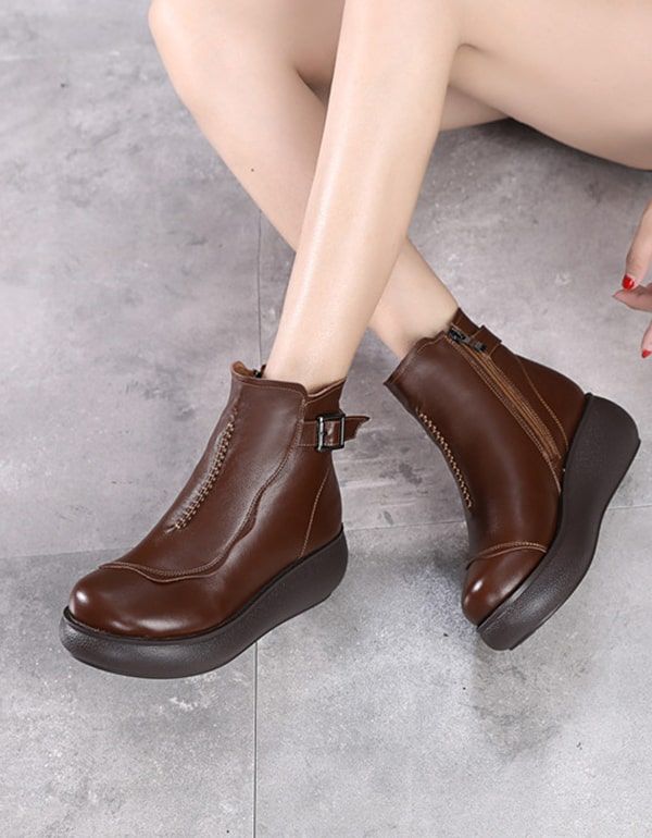 Herbst-winter-retro-leder-keilstiefel Für Frauen