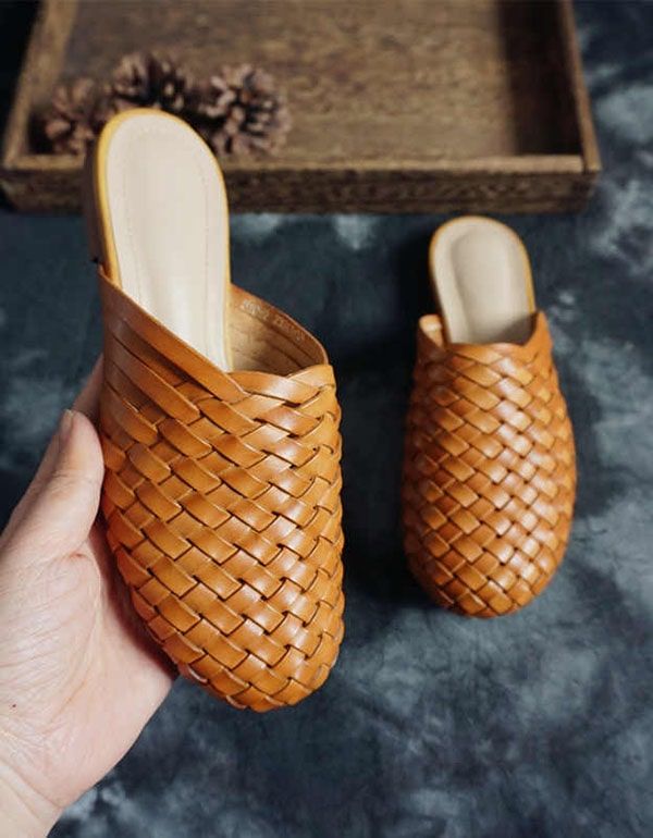 Vintage Handgefertigte Gewebte Lederschuhe Mit Rundem Kopf