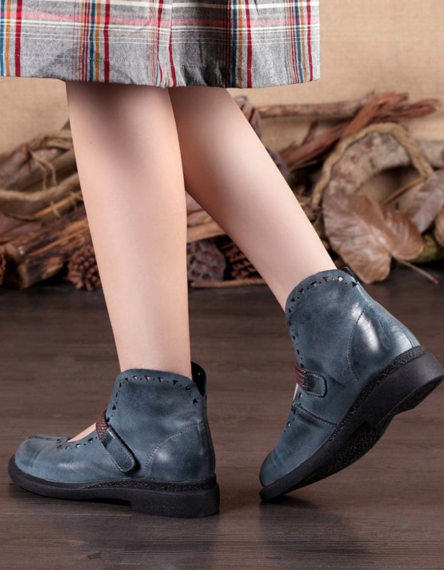 Handgemachte Retro Leder Flache Schuhe Blau