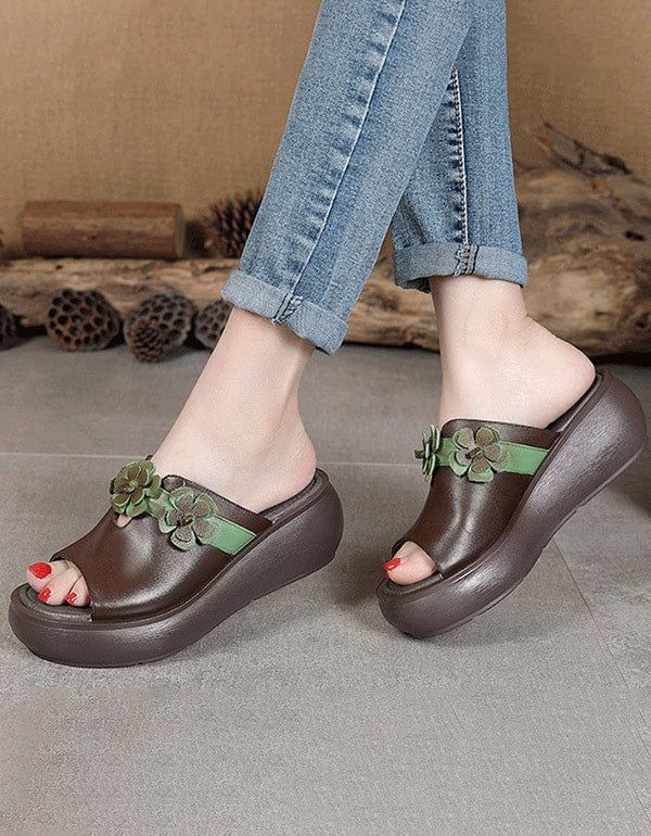 Handgefertigte Blumen-retro-keil-slides Für Damen 35-44
