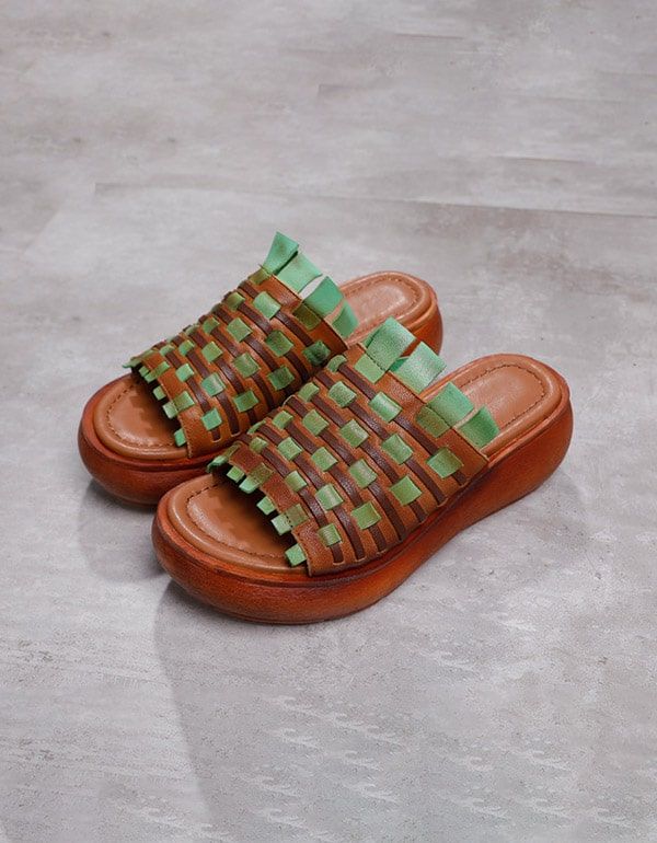 Handgewebte Retro-lederschuhe Mit Keilabsatz Für Damen