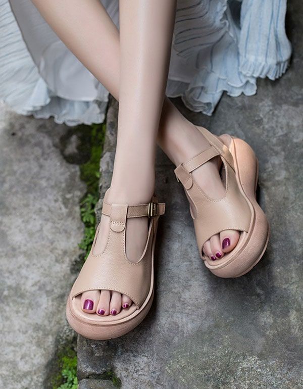 Sommer Leder Open Toe Fashion Keilsandalen