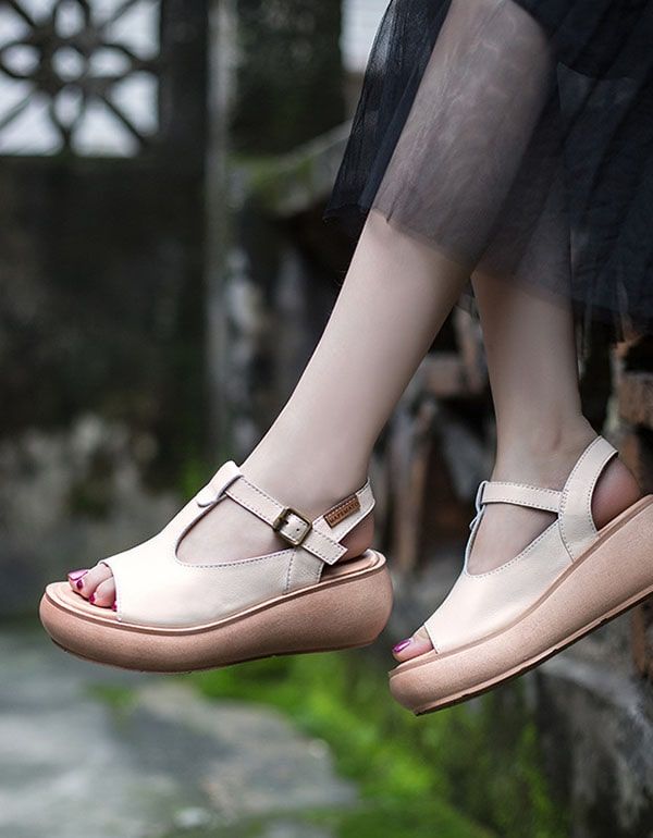 Sommer Leder Open Toe Fashion Keilsandalen