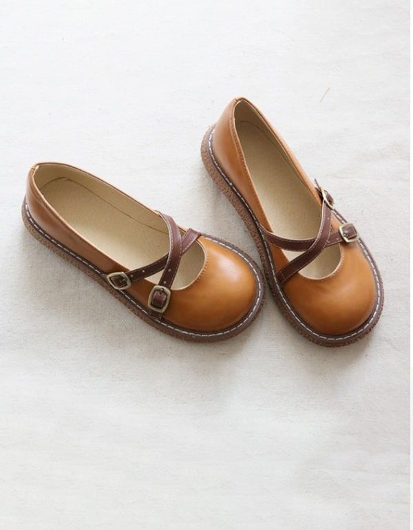 Bequeme Retro-plateauschuhe Mit Rundem Kopf Und Überkreuzten Riemen