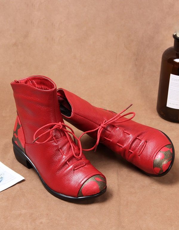Bedruckte Klobige Lederstiefel Im Retro-ethno-stil
