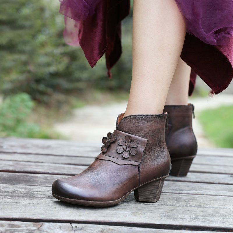 Klobige Kurze Stiefel Mit Retro-blume | Geschenk Schuhe