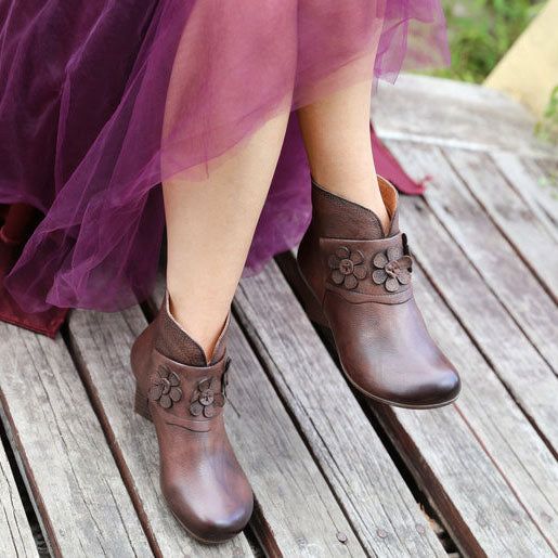 Klobige Kurze Stiefel Mit Retro-blume | Geschenk Schuhe