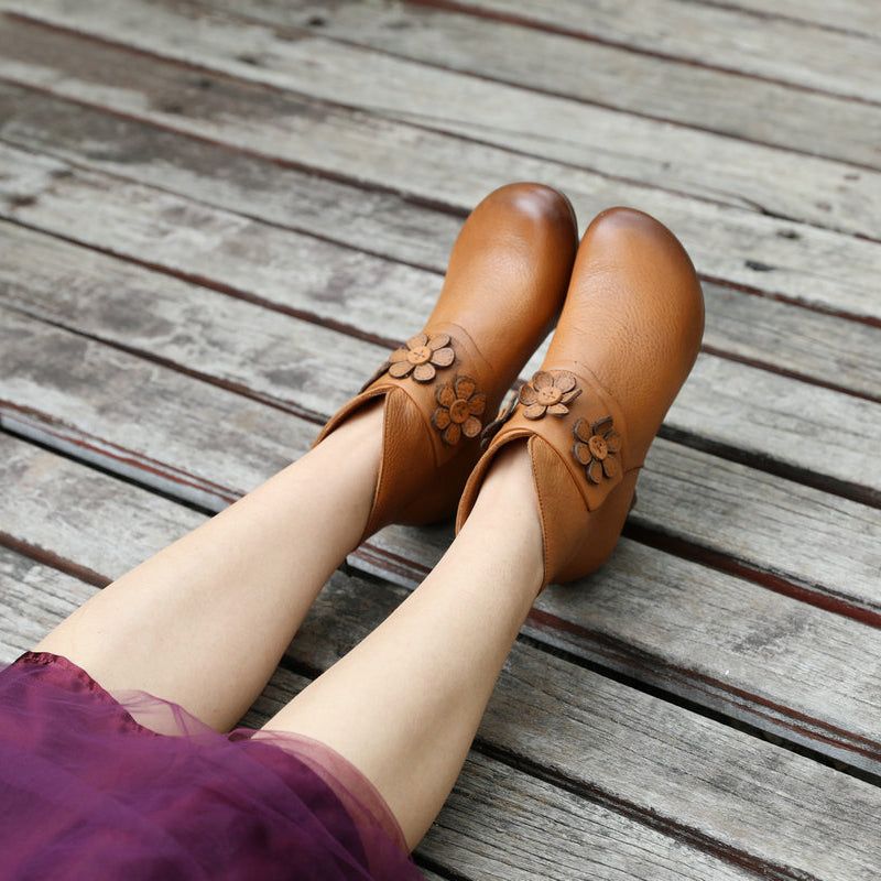 Klobige Kurze Stiefel Mit Retro-blume | Geschenk Schuhe