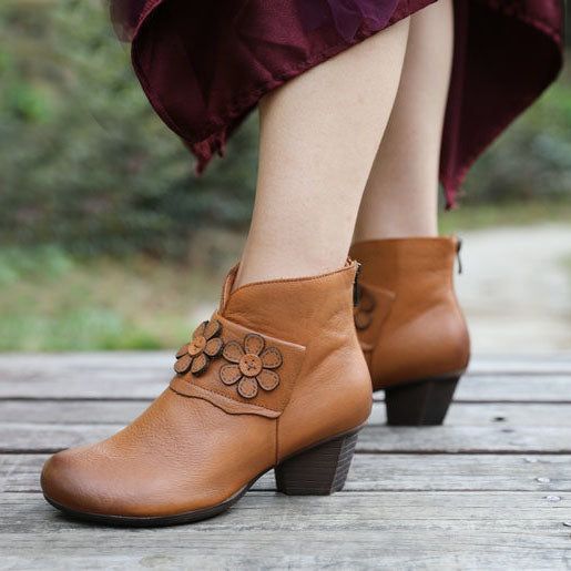 Klobige Kurze Stiefel Mit Retro-blume | Geschenk Schuhe