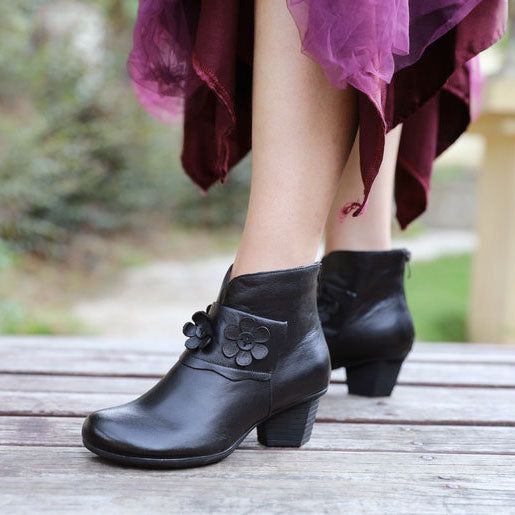 Klobige Kurze Stiefel Mit Retro-blume | Geschenk Schuhe