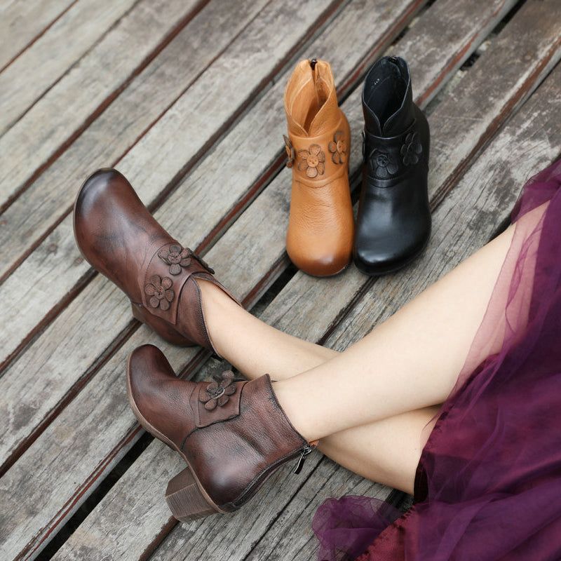 Klobige Kurze Stiefel Mit Retro-blume | Geschenk Schuhe