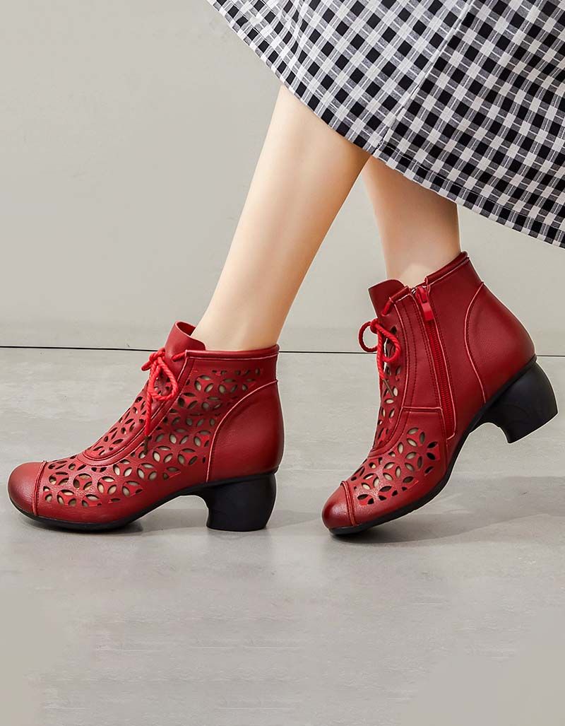 Spring Handmade Retro Hollow Ankle Chunky Boots