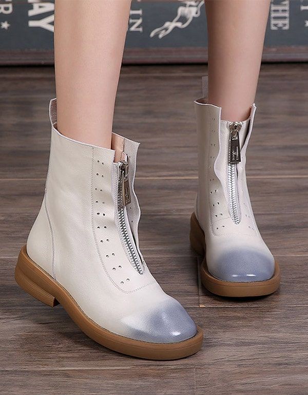 Kurze Retro-lederstiefel Mit Dicker Sohle Und Reißverschluss Vorne