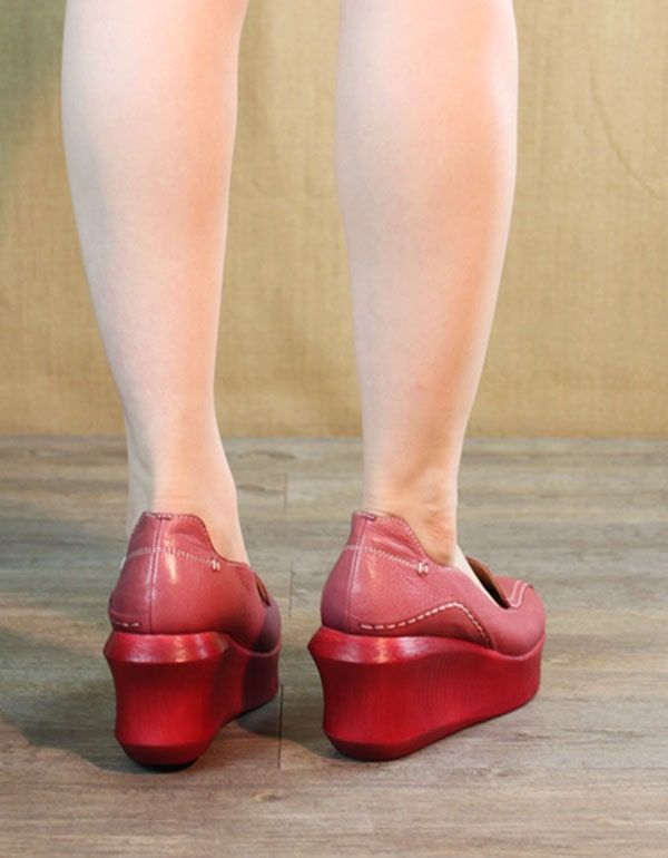 Retro-leder-keilabsatz-frühlings-schuhe Frauen