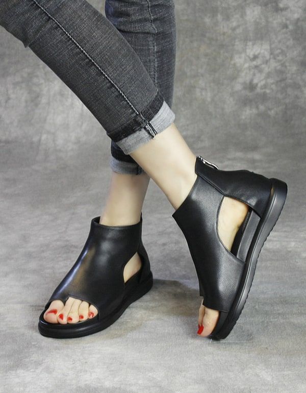 Damen-retro-ledersandalen Mit Offenem Zehausschnitt