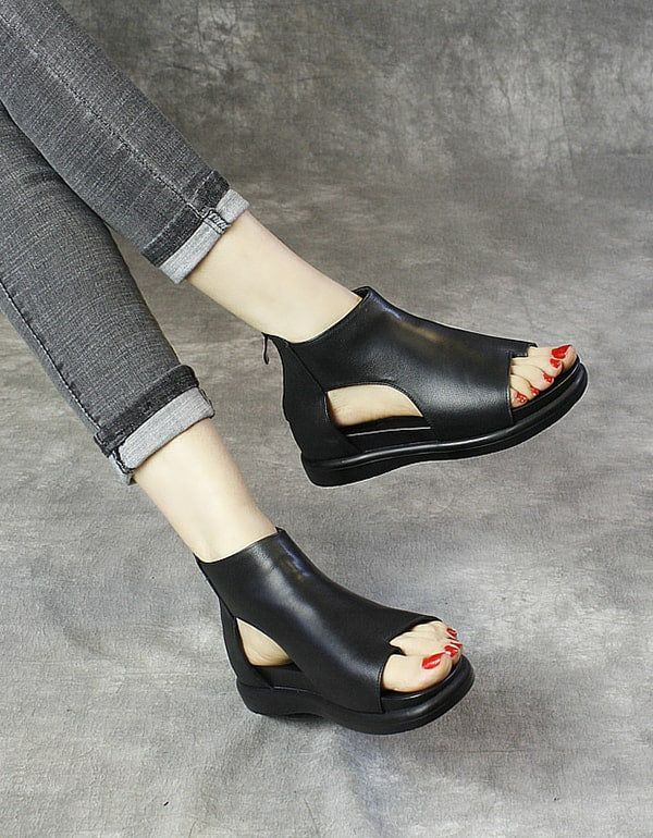 Damen-retro-ledersandalen Mit Offenem Zehausschnitt