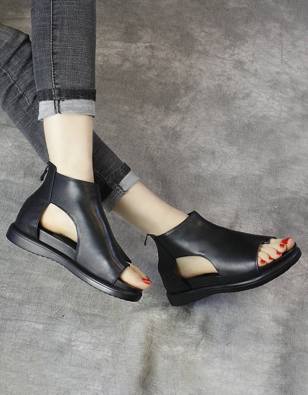 Damen-retro-ledersandalen Mit Offenem Zehausschnitt