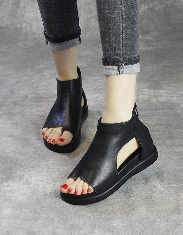 Damen-retro-ledersandalen Mit Offenem Zehausschnitt