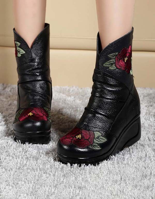 Bestickte Keilstiefel Im Ethno-stil Für Den Winter