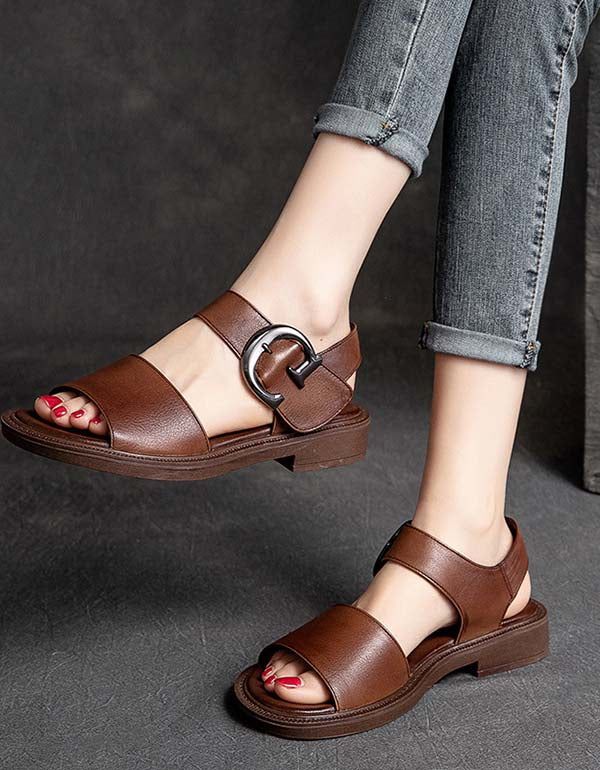 Handgemachte Retro-sandalen Aus Leder Mit Großer Schnalle