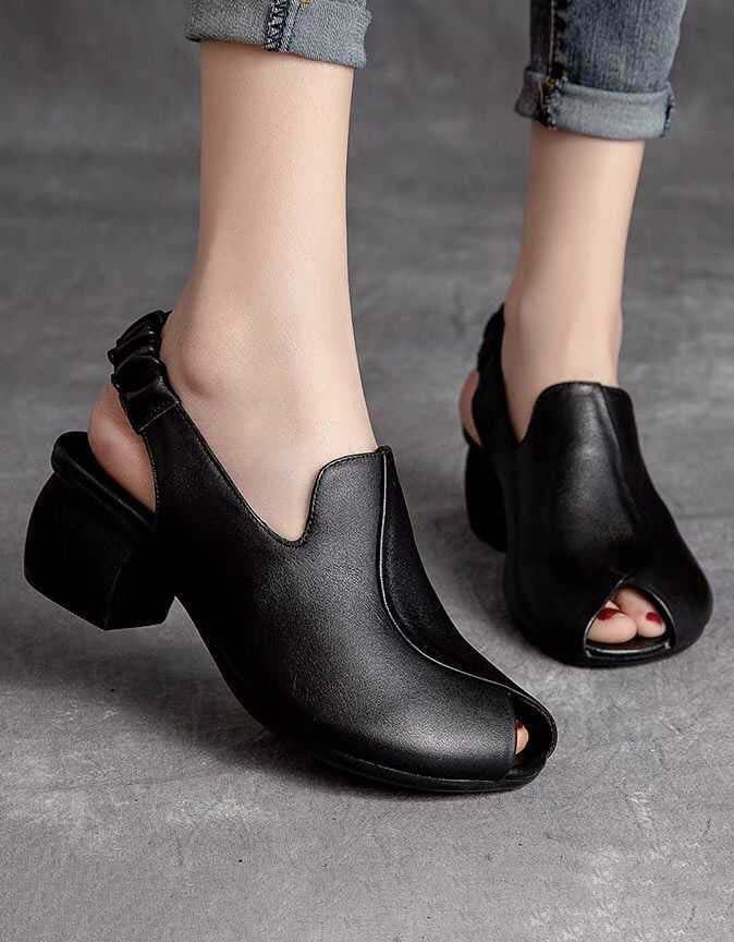 Retro Leder Slingback Fish Toe Chunky Heel Sandalen