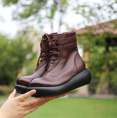 Handgemachte Bequeme Retro-keilstiefel Zum Schnüren
