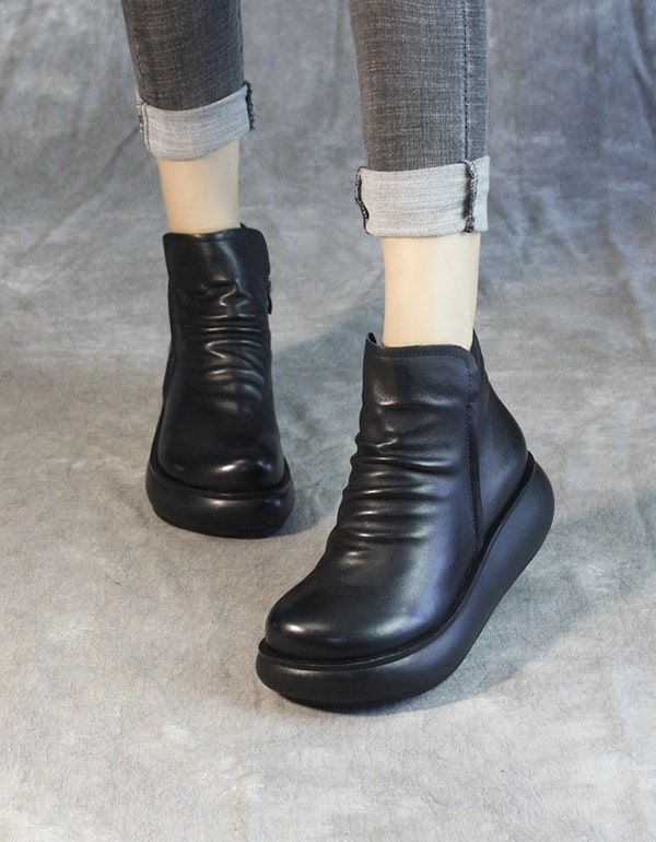 Retro-leder-plüsch-damen-keilstiefel